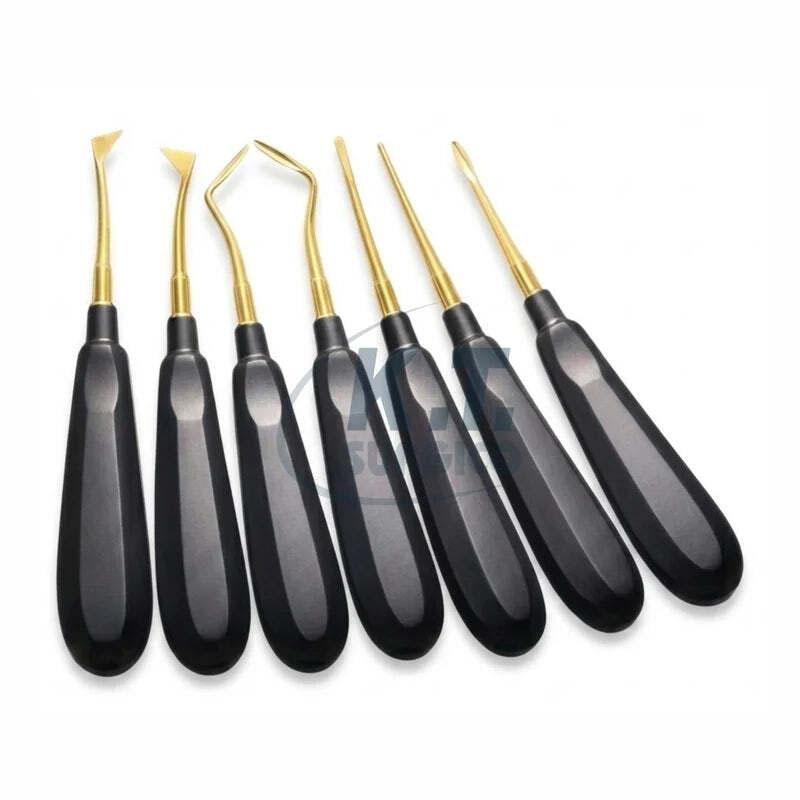 7-Piece Black Coated Dental Root Elevator Set – Stainless Steel Dental Surgical Instruments for Tooth Extraction